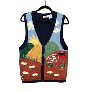 Capacity Vintage Farm Scene Vest Sun Sheep Barn Clouds Button‎ Up Knit Medium